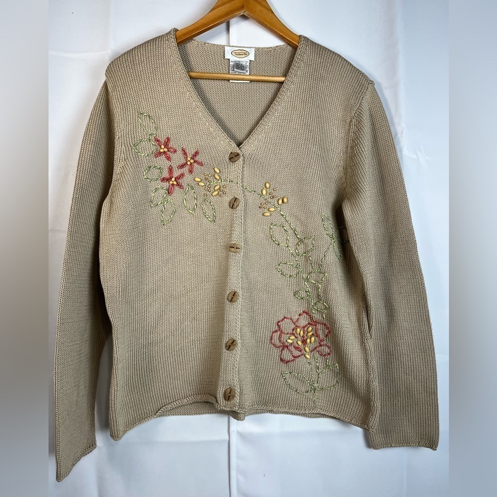 Vintage Womens Beige Embroidered Button Down 100% Cotton Knit Cardigan Size L